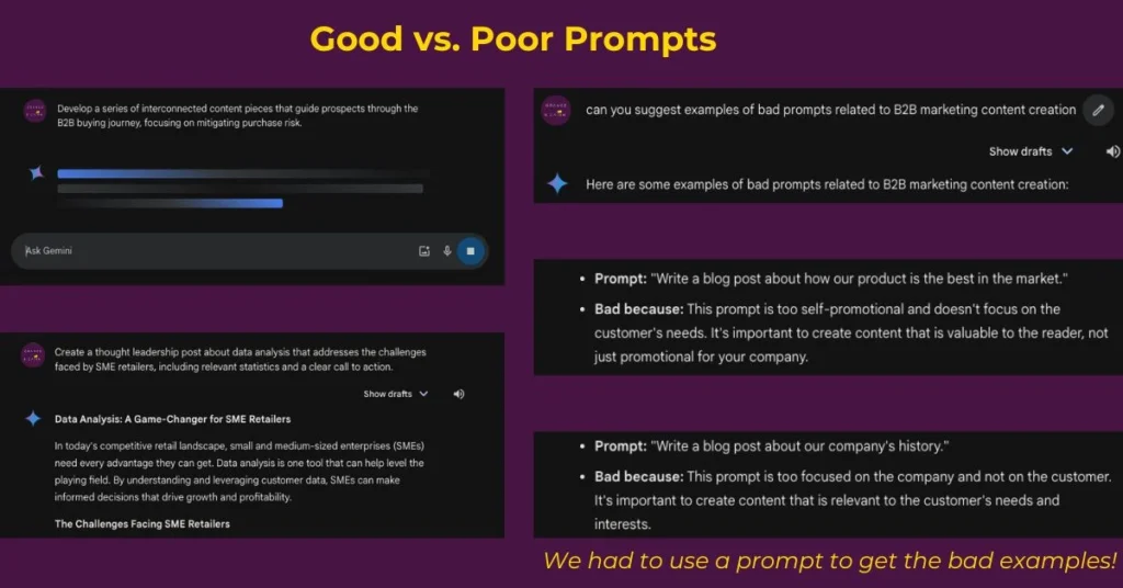 Good versus poor prompt examples for AI content creation