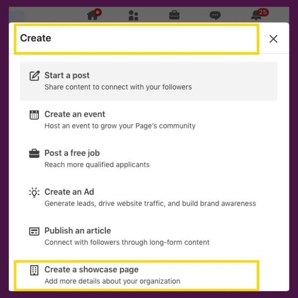 Where to find showcase pages in LinkedIn 